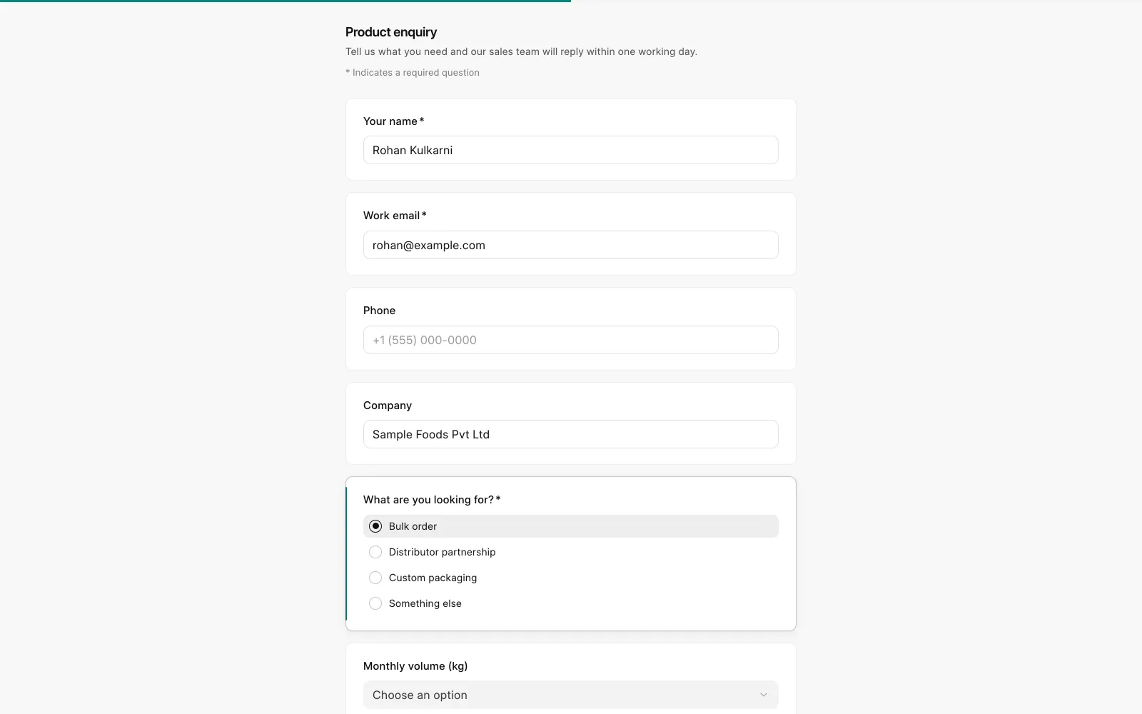 The public product enquiry form as a respondent sees it, partly filled in